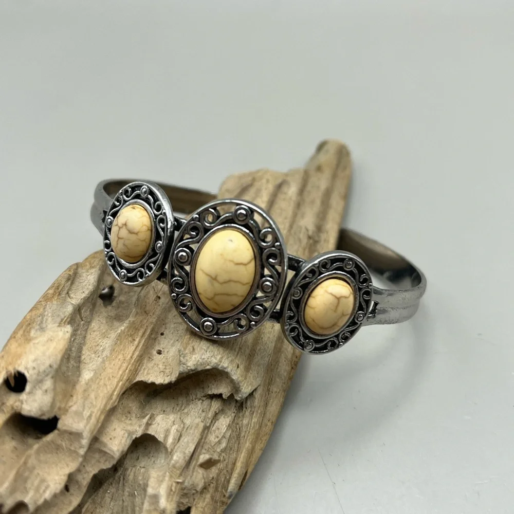 Silver and Cream Stone Cuff Bracelet